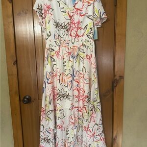 CeCe New Smock Waist Maxi With Flutter Sleeves and Flowing Layered Skirt